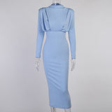 Women Dress Stand Collar Slim Waist Solid Ankle Length Autumn Long Sleeve Party Dress