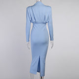 Women Dress Stand Collar Slim Waist Solid Ankle Length Autumn Long Sleeve Party Dress