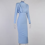 Women Dress Stand Collar Slim Waist Solid Ankle Length Autumn Long Sleeve Party Dress