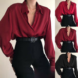 Women Button Blouses Turn Down Collar Shirts Office Lady Long Sleeve