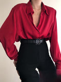 Women Button Blouses Turn Down Collar Shirts Office Lady Long Sleeve
