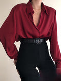 Women Button Blouses Turn Down Collar Shirts Office Lady Long Sleeve