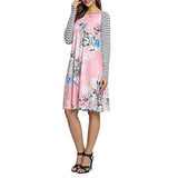 Fashion Women Floral Printed O-Neck Stripe Casual Knee-Length