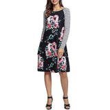 Fashion Women Floral Printed O-Neck Stripe Casual Knee-Length
