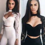 Women Sexy Lace Patchwork Tops Long Sleeve Push Up Padded Bra Sexy