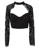 Women Sexy Lace Patchwork Tops Long Sleeve Push Up Padded Bra Sexy
