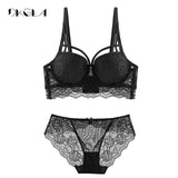 New Top Sexy Underwear Set Cotton Set Women Deep V Brassiere Black