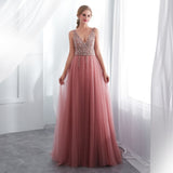 Beading Prom Dresses V neck Pink High A-line Lace Backless Vestido De