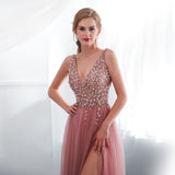 Beading Prom Dresses V neck Pink High A-line Lace Backless Vestido De