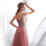 Beading Prom Dresses V neck Pink High A-line Lace Backless Vestido De