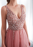Beading Prom Dresses V neck Pink High A-line Lace Backless Vestido De