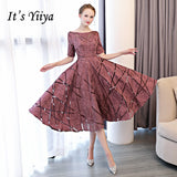 Half Sleeve Embroidery Zipper Cocktail A-line Tea Length Formal