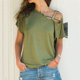 Women Skew Neck Irregular Cross Blouse Summer Shirt Hollow Plus Size