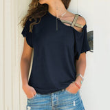 Women Skew Neck Irregular Cross Blouse Summer Shirt Hollow Plus Size