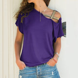 Women Skew Neck Irregular Cross Blouse Summer Shirt Hollow Plus Size