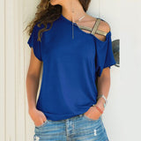 Women Skew Neck Irregular Cross Blouse Summer Shirt Hollow Plus Size