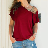 Women Skew Neck Irregular Cross Blouse Summer Shirt Hollow Plus Size