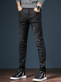 Mens Elastic Slim Fit Pencil Pants Denim Trouser Jeans Black Blue