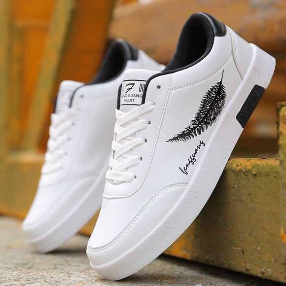 Casual Leather Flat Shoes Lace-up Low Top White Male Sneakers