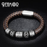 Men Black Leather Bracelet Stainless steel Bead Bracelets