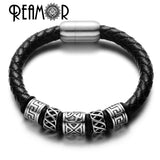 Men Black Leather Bracelet Stainless steel Bead Bracelets