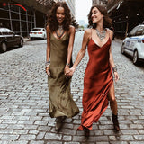InstaHot Sexy Satin V Neck Maxi Dress Women Side Spring Lady Vestido