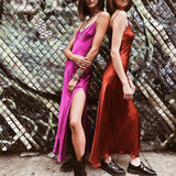 InstaHot Sexy Satin V Neck Maxi Dress Women Side Spring Lady Vestido