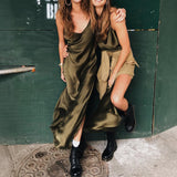 InstaHot Sexy Satin V Neck Maxi Dress Women Side Spring Lady Vestido