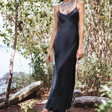 InstaHot Sexy Satin V Neck Maxi Dress Women Side Spring Lady Vestido