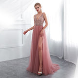 Beading Prom Dresses V neck Pink High A-line Lace Backless Vestido De