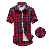 Mens Summer Casual Short sleeve Navy and Green Plaid shirts