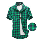 Mens Summer Casual Short sleeve Navy and Green Plaid shirts