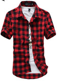 Mens Summer Casual Short sleeve Navy and Green Plaid shirts