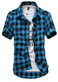 Mens Summer Casual Short sleeve Navy and Green Plaid shirts