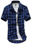 Mens Summer Casual Short sleeve Navy and Green Plaid shirts