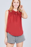 Sleeveless Ruffle Neck Front Button Woven Top