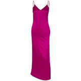 InstaHot Sexy Satin V Neck Maxi Dress Women Side Spring Lady Vestido