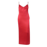 InstaHot Sexy Satin V Neck Maxi Dress Women Side Spring Lady Vestido