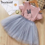 Bear Leader Girls Clothing Sets New Summer Fashion Style Cartoon Rabbit  Printed T-Shirts+Pink Dress 2Pcs Girls Clothes Sets