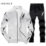 ASALI Mens Tracksuit Spring 3D Print Pleated Hoodies Pant Suit