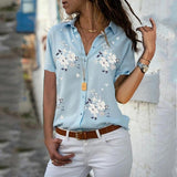 Women Tops Elegant Long Sleeve Print V-Neck Chiffon Shirts Plus Size