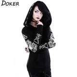 Gothic Print Hoodies Women Black Jacket Winter Female Hooded Tops