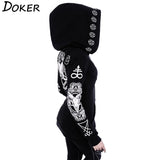 Gothic Print Hoodies Women Black Jacket Winter Female Hooded Tops