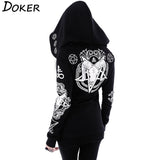 Gothic Print Hoodies Women Black Jacket Winter Female Hooded Tops