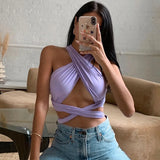 Women Strappy Cross Over Front Cut Out Halter Neck Sleeveless Summer Sexy Tops