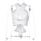 Women Strappy Cross Over Front Cut Out Halter Neck Sleeveless Summer Sexy Tops