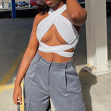 Women Strappy Cross Over Front Cut Out Halter Neck Sleeveless Summer Sexy Tops