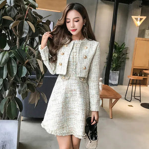 BLLOCUE 2024 Autumn Runway Tweed 2 Piece Set Dress Designer Winter Women White Short Jacket Coat + Mini Tank Tassel Wool Suits