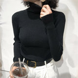 Women's High-Neck Knitted Turtleneck Slim-Fit Long-Sleeve Anti-pilling Casual Elegant Plain Sweater