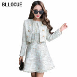 BLLOCUE 2024 Autumn Runway Tweed 2 Piece Set Dress Designer Winter Women White Short Jacket Coat + Mini Tank Tassel Wool Suits